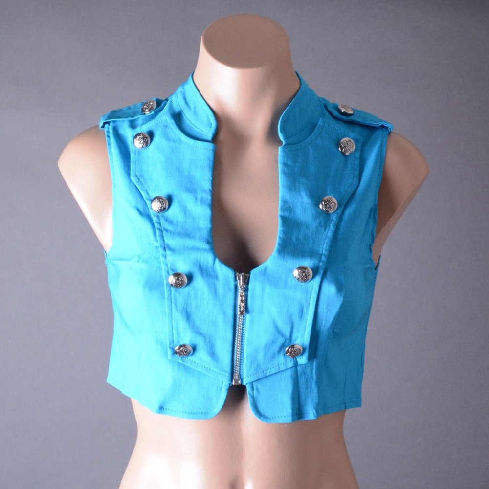 Blue Military Steampunk Goth Punk Sexy Sleeveless Zip Up Crop Top Vest S M L